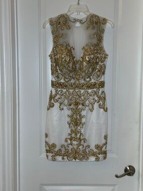 Angela & Alison White Mini Dress with Gold Beaded Embellishment